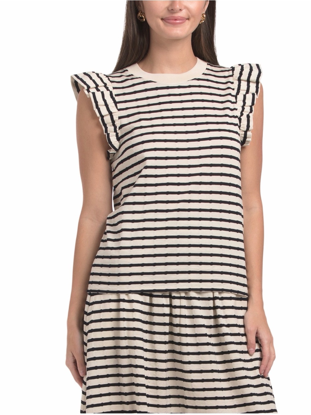 100% Cotton Cream and Black Striped Flutter Sleeve Pima Cotton Paulette Tank - X